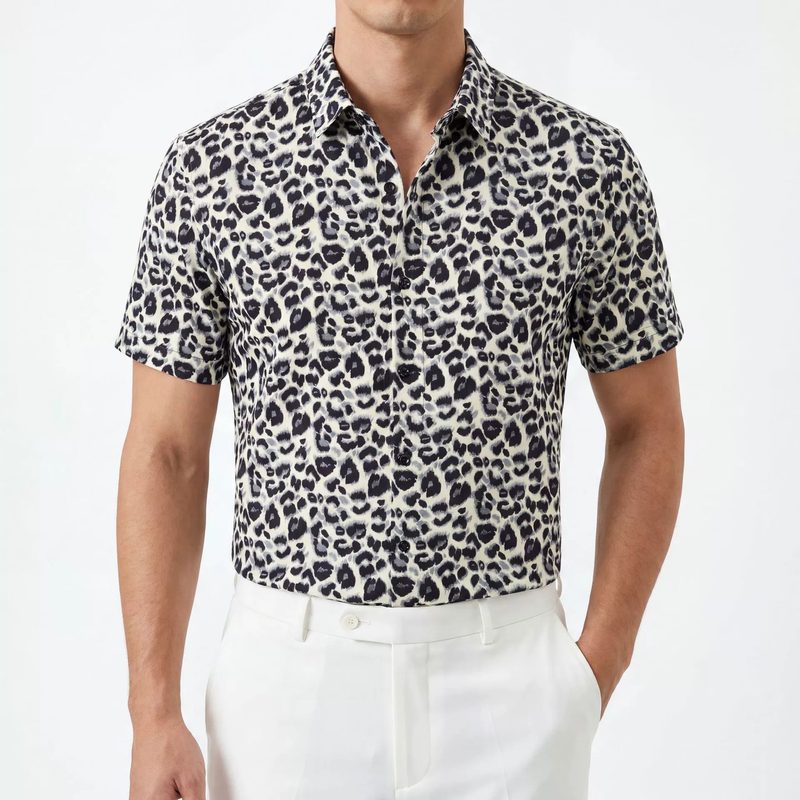 Black White Leopard Print Short Sleeve Shirt — wholesale men's shirt from AUTOCNEX
