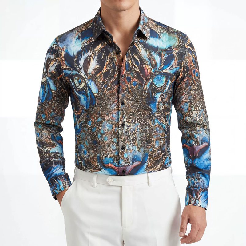 Blue Gold Tiger 3D Print Long Sleeve Shirt — wholesale men's shirt from AUTOCNEX
