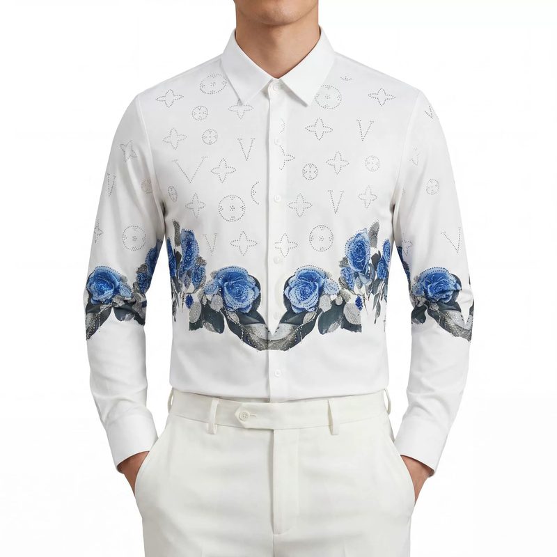 Blue Rose Print Long Sleeve Shirt — wholesale men's shirt from AUTOCNEX