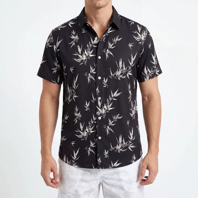 Black White Bamboo Print Short Sleeve Shirt — wholesale men's shirt from AUTOCNEX
