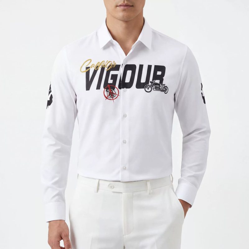 Letter Character Rhinestone Print Slim Long Sleeve Shirt — wholesale men's shirt from AUTOCNEX