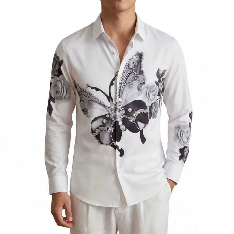 Butterfly Digital Print Rhinestone Long Sleeve Shirt — wholesale men's shirt from AUTOCNEX